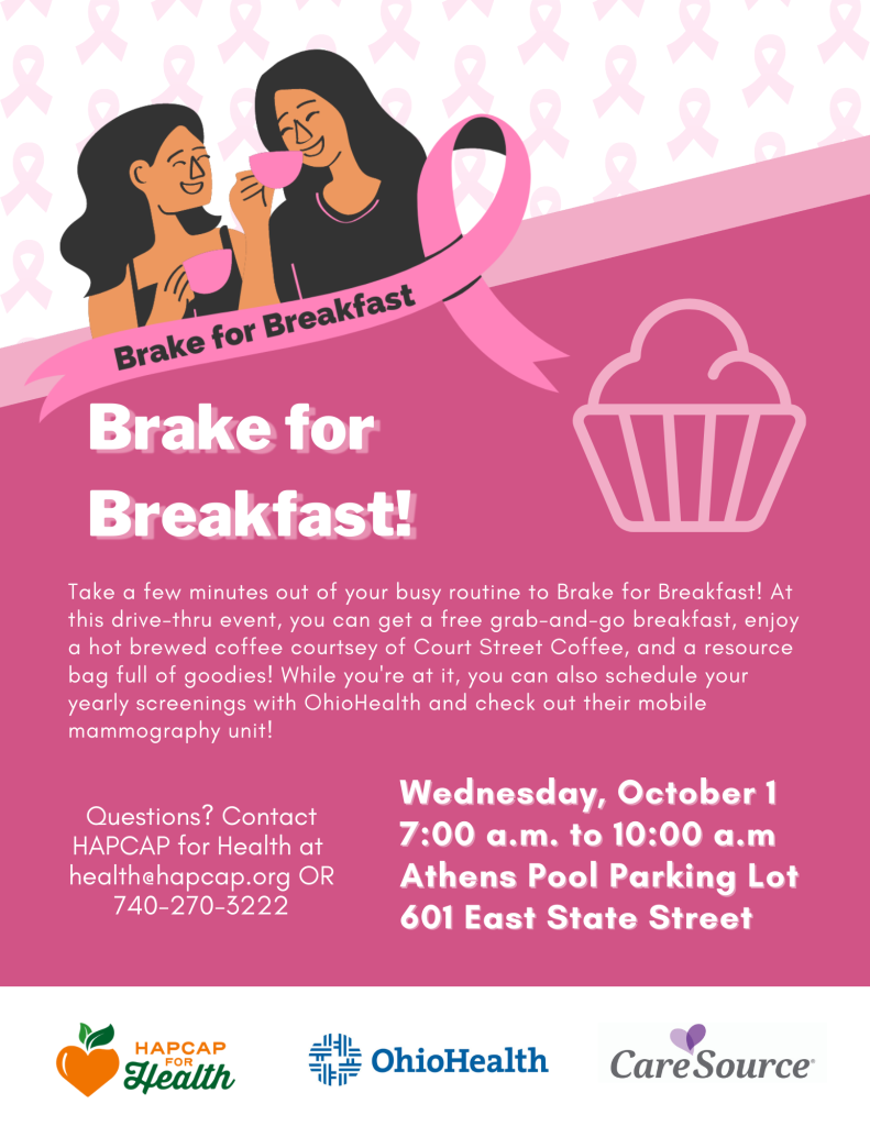 Take a few minutes out of your busy day to brake for breakfast! At this drive-thru event you can get a free grab and go breakfast, enjoy a hot brewed coffee courtesy of Court Street Coffee, and a resource bag full of goodies! Wednesday October 1, 7AM - 10AM at Athens Pool Parking Lot