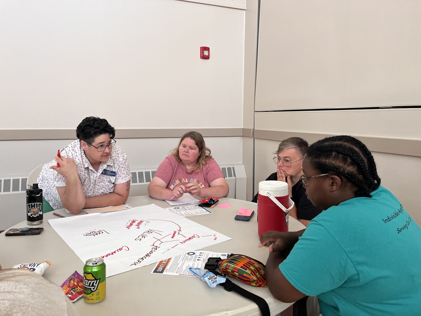 people sit around a table at the community center to discuss the Sunset Shelter Project